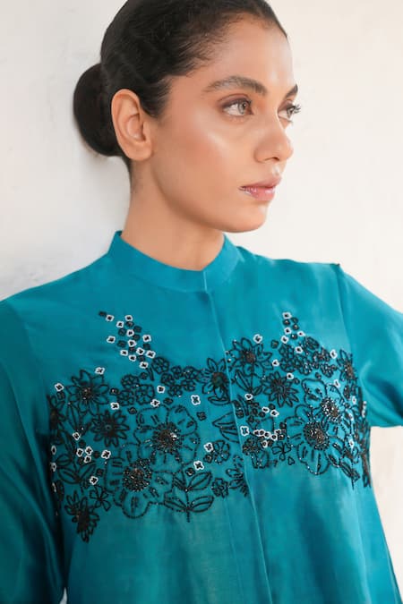 Saksham & Neharicka_Teal Cotton, Silk Embroidery Mandarin Collar Hand Blue Shirt _Online_at_Aza_Fashions