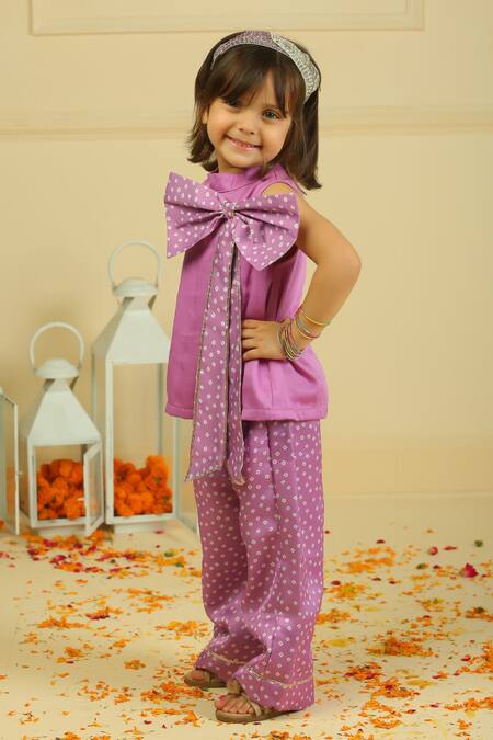 Buy Pankhuri By Priyanka Purple Modal, Satin Bandhani Top And Palazzo Set Buy_Pankhuri By Priyanka_Purple Modal, Satin Bandhani Top And Palazzo Set