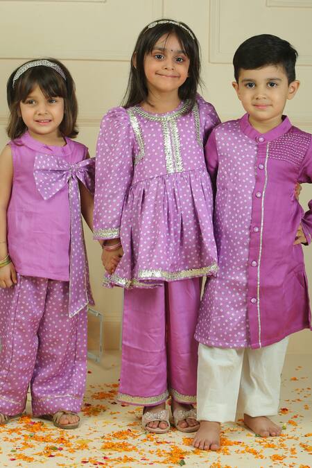 Shop Pankhuri By Priyanka Purple Modal, Satin Bandhani Top And Palazzo Set Shop_Pankhuri By Priyanka_Purple Modal, Satin Bandhani Top And Palazzo Set