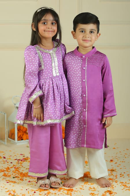 Shop Pankhuri By Priyanka Purple Modal, Satin Bandhani Kurta And Pyjama Set Shop_Pankhuri By Priyanka_Purple Modal, Satin Bandhani Kurta And Pyjama Set