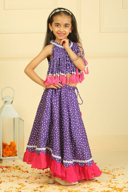 Pankhuri By Priyanka_Purple Modal, Satin Polka Dot Lehenga Blouse Set _Online_at_Aza_Fashions