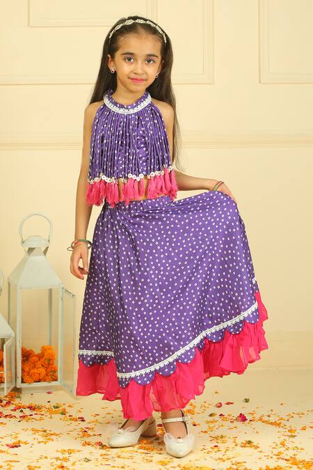 Pankhuri By Priyanka_Purple Modal, Satin Polka Dot Lehenga Blouse Set _at_Aza_Fashions