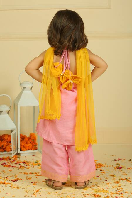 Pankhuri By Priyanka_Pink Chanderi Tassels Halter Tunic And Straight Palazzo Set _Online_at_Aza_Fashions