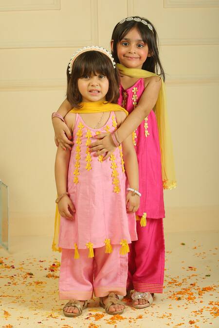 Buy_Pankhuri By Priyanka_Pink Chanderi Tassels Halter Tunic And Straight Palazzo Set _Online_at_Aza_Fashions