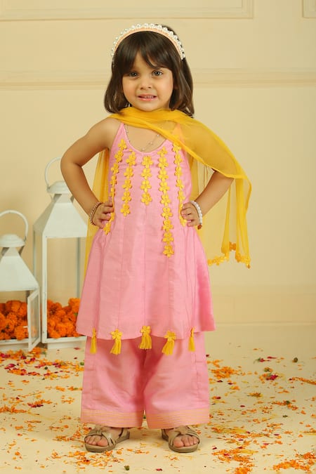 Shop_Pankhuri By Priyanka_Pink Chanderi Tassels Halter Tunic And Straight Palazzo Set _Online_at_Aza_Fashions