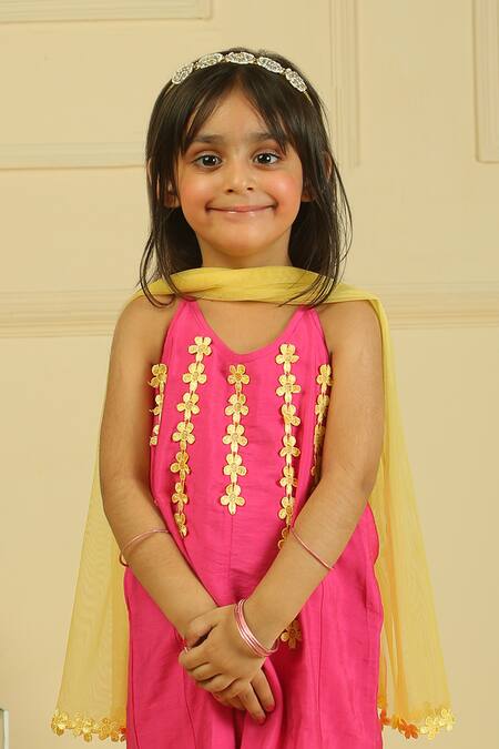 Pankhuri By Priyanka_Pink Chanderi Tassels Rani Halter Tunic And Straight Pants Set _Online_at_Aza_Fashions