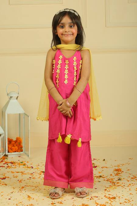 Buy_Pankhuri By Priyanka_Pink Chanderi Tassels Rani Halter Tunic And Straight Pants Set _Online_at_Aza_Fashions