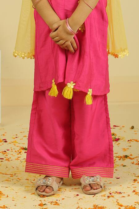 Shop_Pankhuri By Priyanka_Pink Chanderi Tassels Rani Halter Tunic And Straight Pants Set _Online_at_Aza_Fashions