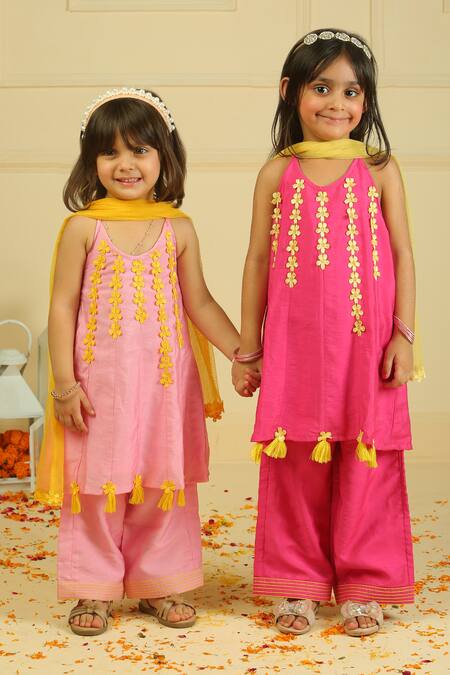 Buy_Pankhuri By Priyanka_Pink Chanderi Tassels Rani Halter Tunic And Straight Pants Set 