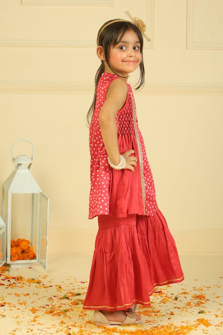 Buy_Pankhuri By Priyanka_Red Modal, Satin Sequins Bandhani Gharara Set _Online_at_Aza_Fashions