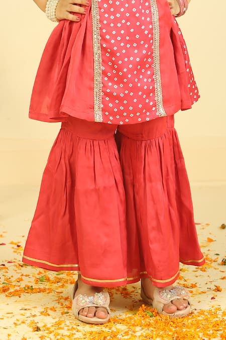 Shop_Pankhuri By Priyanka_Red Modal, Satin Sequins Bandhani Gharara Set _Online_at_Aza_Fashions