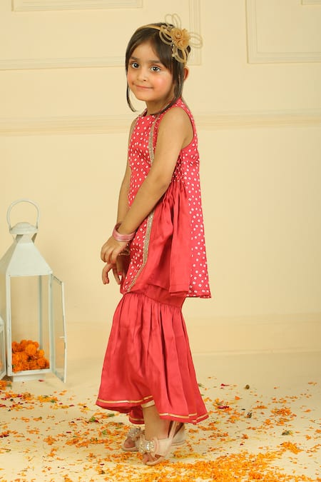 Pankhuri By Priyanka_Red Modal, Satin Sequins Bandhani Gharara Set _at_Aza_Fashions