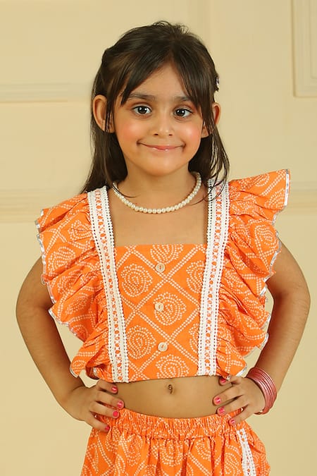 Pankhuri By Priyanka_Orange Cotton Embroidery Ruffled Top And Skirt Set _Online_at_Aza_Fashions