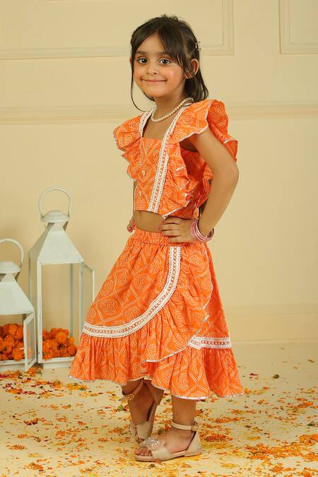 Buy_Pankhuri By Priyanka_Orange Cotton Embroidery Ruffled Top And Skirt Set _Online_at_Aza_Fashions