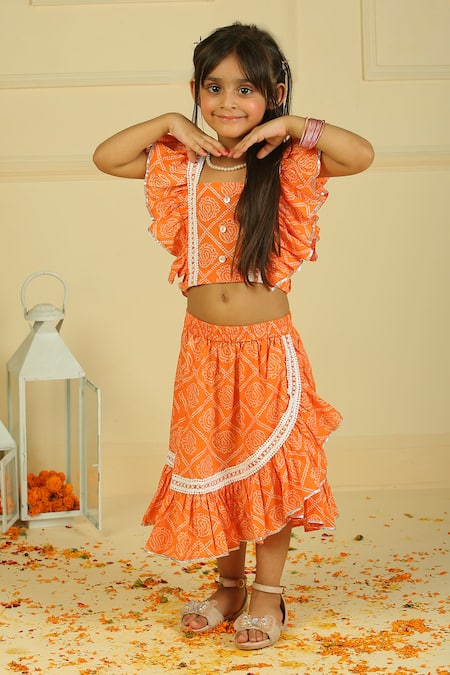 Shop_Pankhuri By Priyanka_Orange Cotton Embroidery Ruffled Top And Skirt Set _Online_at_Aza_Fashions