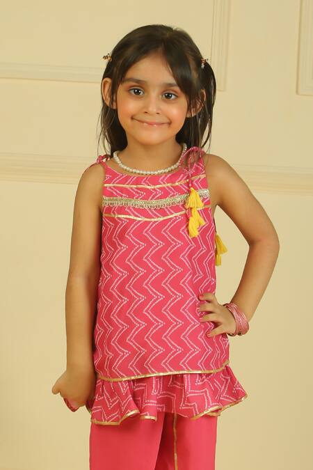 Pankhuri By Priyanka_Pink Cotton Aline Ruffle Tunic And Dhoti Set _Online_at_Aza_Fashions