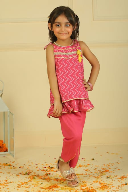 Buy_Pankhuri By Priyanka_Pink Cotton Aline Ruffle Tunic And Dhoti Set _Online_at_Aza_Fashions