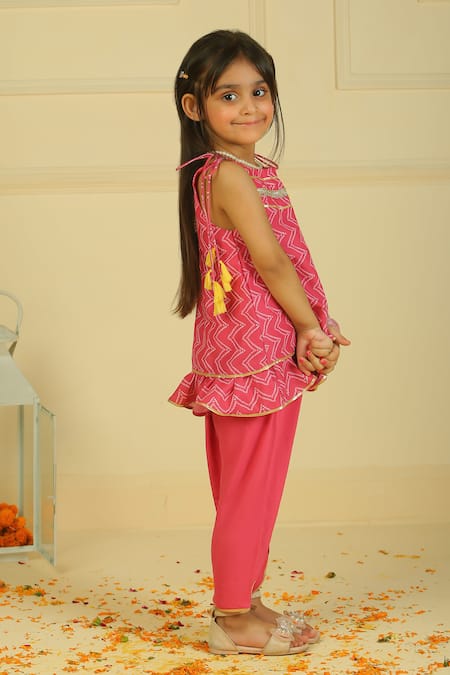 Shop_Pankhuri By Priyanka_Pink Cotton Aline Ruffle Tunic And Dhoti Set _Online_at_Aza_Fashions