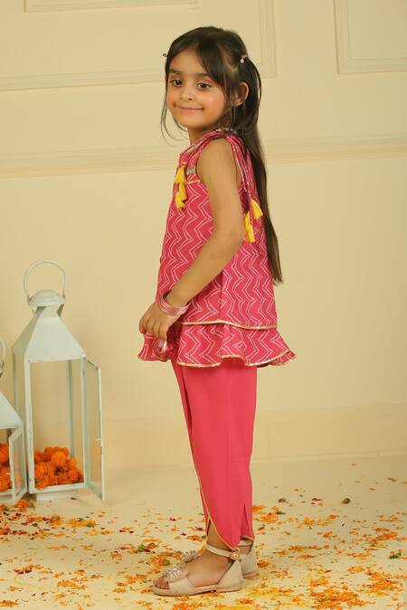 Buy_Pankhuri By Priyanka_Pink Cotton Aline Ruffle Tunic And Dhoti Set 