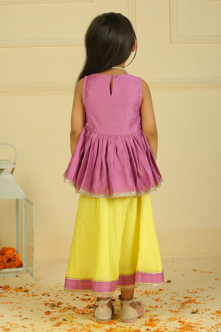 Pankhuri By Priyanka Purple & Yellow Peplum Top & Lehenga Set 