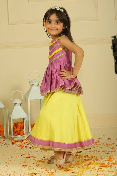 Buy_Pankhuri By Priyanka_Purple Chanderi Embroidery And Yellow Peplum Top & Lehenga Set _Online_at_Aza_Fashions