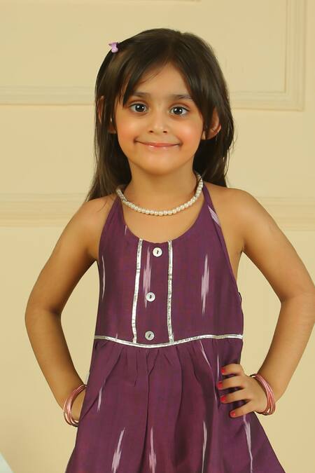 Pankhuri By Priyanka_Purple Cotton Dark Mauve Ikkat Peplum Top And Pant Set _Online_at_Aza_Fashions