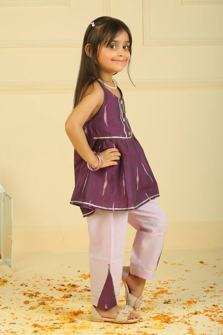 Shop_Pankhuri By Priyanka_Purple Cotton Dark Mauve Ikkat Peplum Top And Pant Set _Online_at_Aza_Fashions