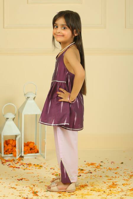 Pankhuri By Priyanka_Purple Cotton Dark Mauve Ikkat Peplum Top And Pant Set _at_Aza_Fashions