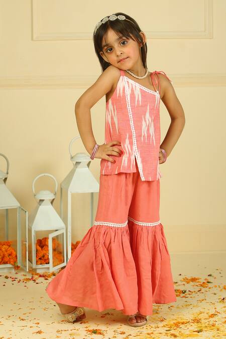 Pankhuri By Priyanka_Peach Cotton Ikkat Drawstring Kurta And Sharara Set _Online_at_Aza_Fashions