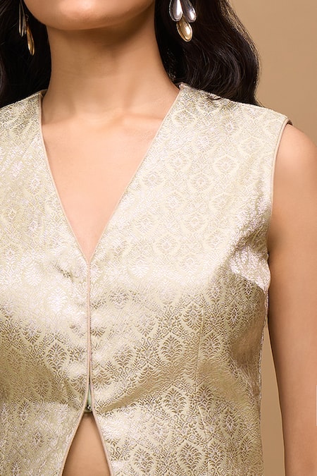 Buy_Samyukta Singhania_Mint Brocade, Tissue V-neck Green Top And Pant Set _Online_at_Aza_Fashions