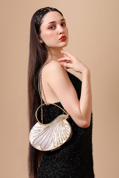 Nazaakat By Samara Singh Gold Metallic Thread Mother Of Pearl Clutch Bag at Aza Fashions Nazaakat By Samara Singh_Gold Metallic Thread Mother Of Pearl Clutch Bag _at_Aza_Fashions