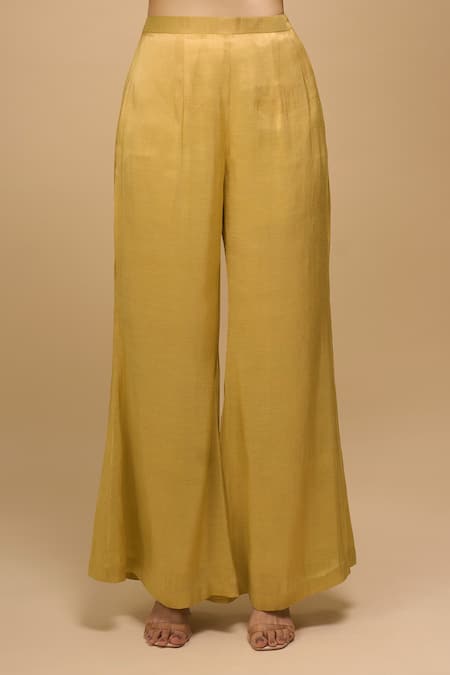 Samyukta Singhania_Yellow Brocade, Tissue Embroidery V-neck Lemon Top And Pant Set _at_Aza_Fashions