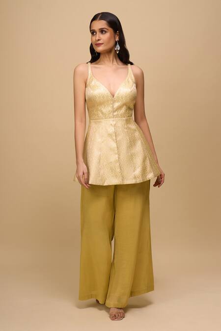 Buy_Samyukta Singhania_Yellow Brocade, Tissue Embroidery V-neck Lemon Top And Pant Set _Online_at_Aza_Fashions