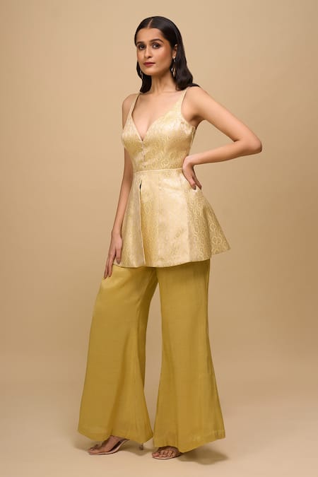 Buy_Samyukta Singhania_Yellow Brocade, Tissue Embroidery V-neck Lemon Top And Pant Set 