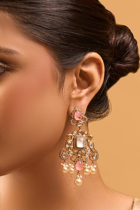 Nazaakat By Samara Singh_Pink Zari Kundan Brass Earrings _Online_at_Aza_Fashions