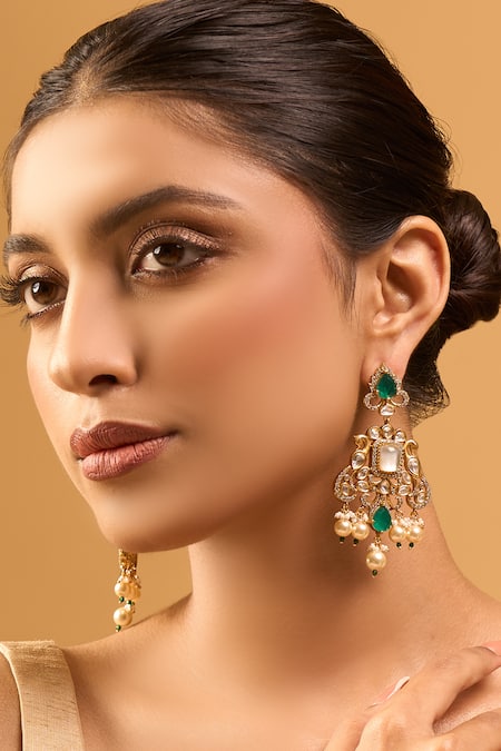 Samyukta Singhania Green Kundan Brass Earrings 