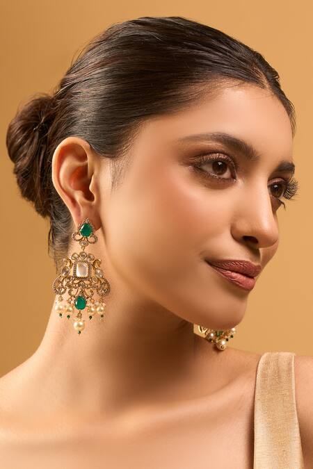 Buy_Nazaakat By Samara Singh_Green Zari Kundan Brass Earrings _Online_at_Aza_Fashions