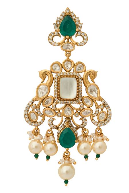 Nazaakat By Samara Singh_Green Zari Kundan Brass Earrings _at_Aza_Fashions