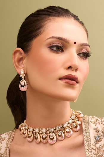 Nazaakat By Samara Singh_Cream Zari Kundan Necklace And Earring Set _at_Aza_Fashions