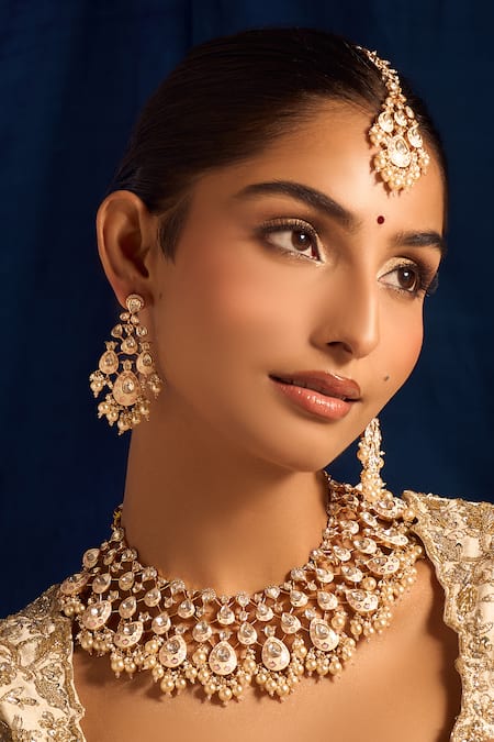 Nazaakat By Samara Singh Kundan Jewelry Set in Cream & Pink 