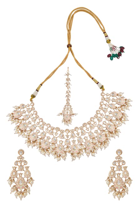 Nazaakat By Samara Singh Kundan Jewelry Set in Cream & Pink 