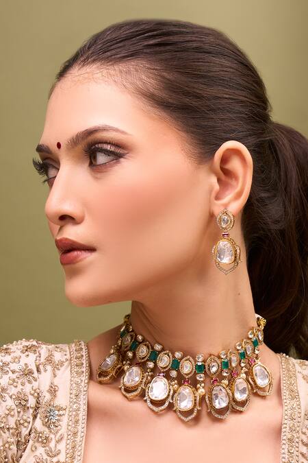 Nazaakat By Samara Singh_Green Zari Kundan And Ruby Necklace Set _at_Aza_Fashions