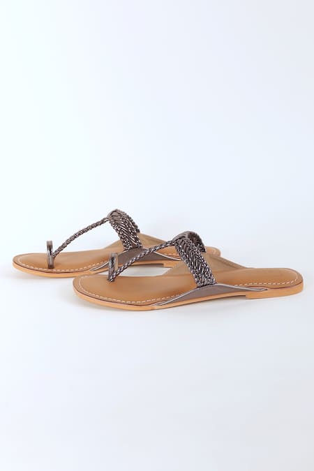 Sandalwali Gunmetal & Tan Leather Sandals 
