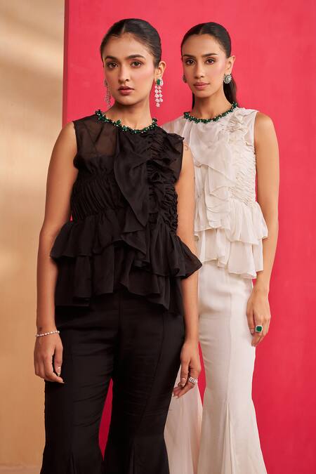 Shop_Aakansha Gupta_Black Organza, Shantoon Stones Round Neck Skye Co-ord Set _Online_at_Aza_Fashions