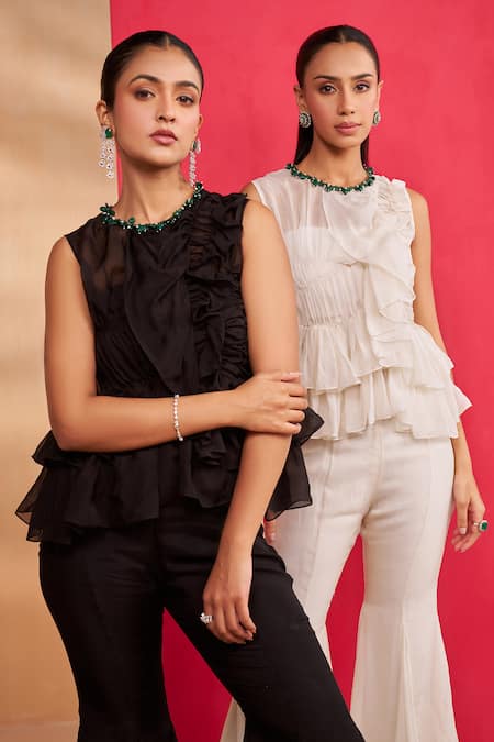 Aakansha Gupta_Ivory Organza, Shantoon Round Neck Skye Co-ord Set _Online_at_Aza_Fashions