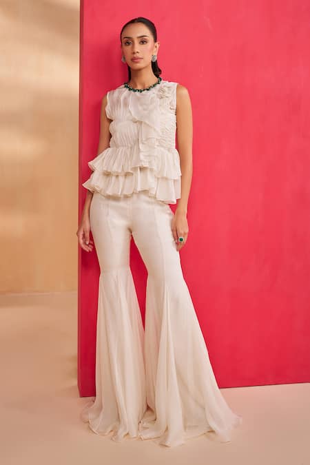 Buy_Aakansha Gupta_Ivory Organza, Shantoon Round Neck Skye Co-ord Set _Online_at_Aza_Fashions