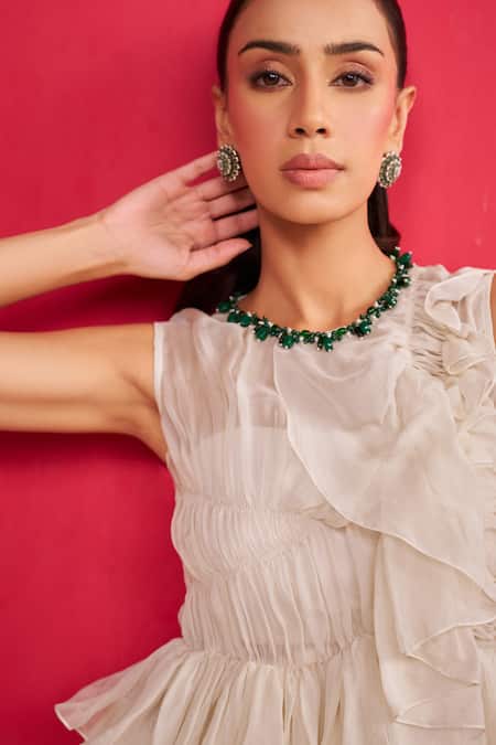 Shop_Aakansha Gupta_Ivory Organza, Shantoon Round Neck Skye Co-ord Set _Online_at_Aza_Fashions