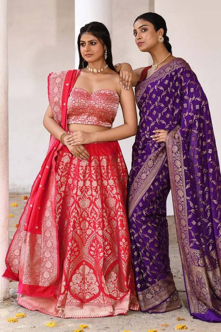 Naaritva India_Fuchsia Silk Zari Handwoven Lehenga Set _at_Aza_Fashions