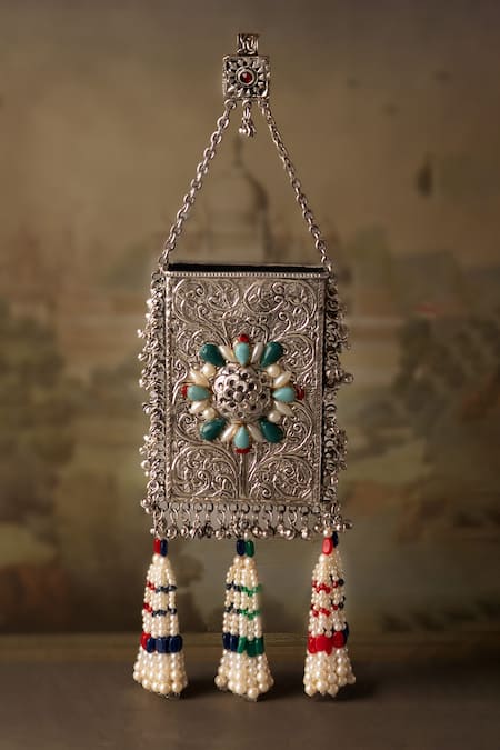 Bhavna Kumar Silver Beads, Pearls Antique Mobile Pouch Online at Aza Fashions Bhavna Kumar_Silver Beads, Pearls Antique Mobile Pouch _Online_at_Aza_Fashions