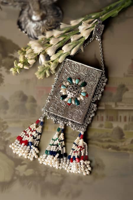 Bhavna Kumar Silver Beads, Pearls Antique Mobile Pouch 